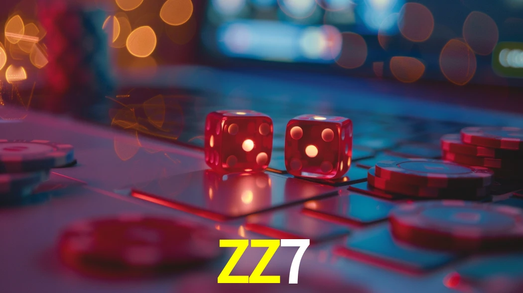 Una escena digital vívida inspirada en casino con ZZ7 mostrado prominentemente, luces brillantes, fichas, cartas y acentos dorados.