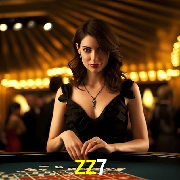 Escena dinámica inspirada en casino con iluminación ZZ7, cartas, fichas e íconos de juegos digitales en un espacio moderno de juegos.