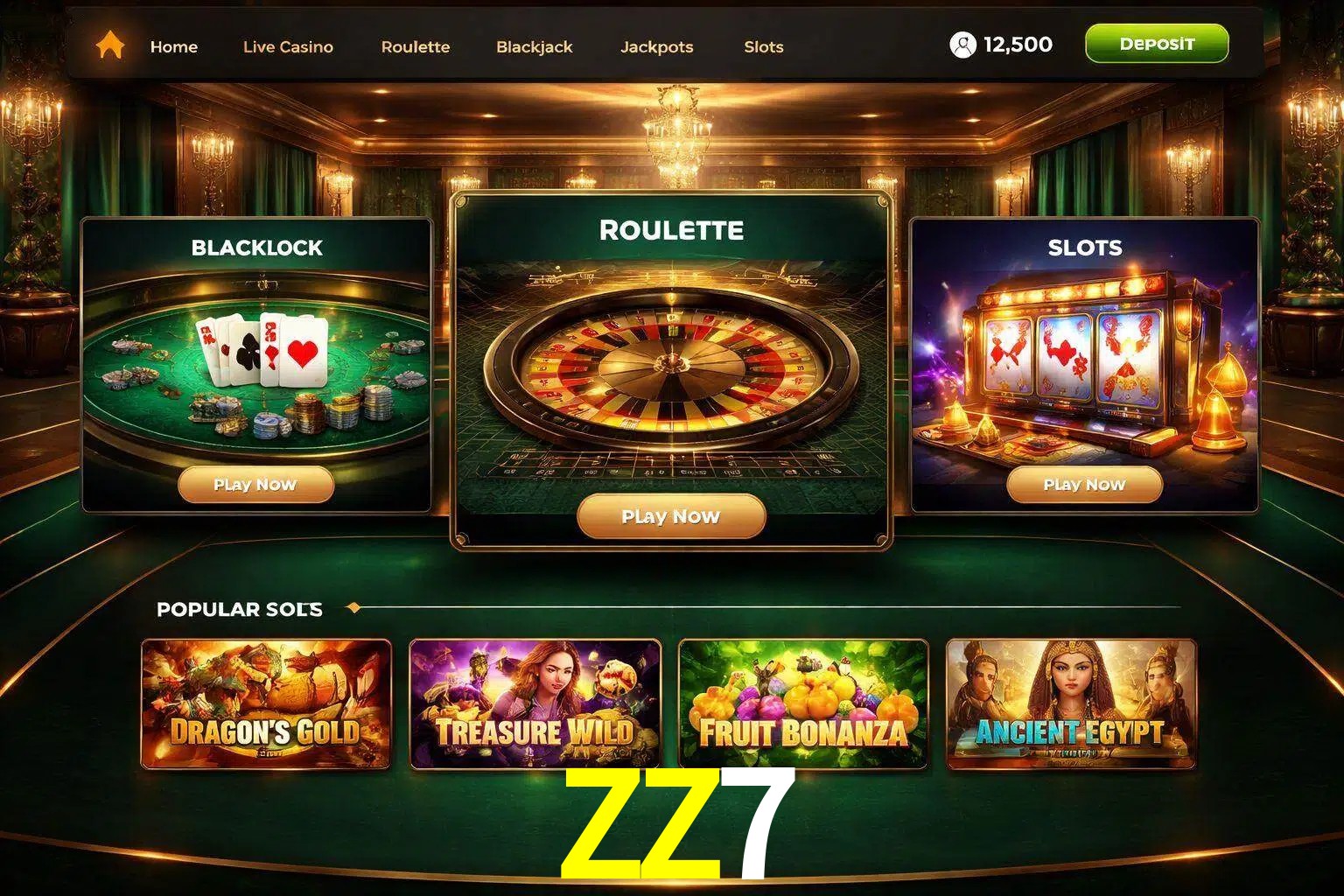Vista de la plataforma ZZ7 Casino mostrando categorías organizadas de juegos en línea
