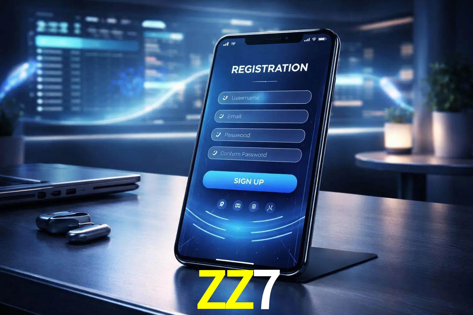 Una interfaz moderna de registro móvil para ZZ7 mostrada en un smartphone con un panel de apuestas elegante.